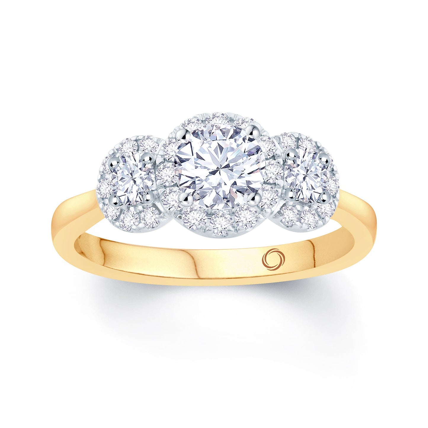 18ct Yellow Gold Brilliant Round & Halo Three Stone Diamond Ring 1.19ct