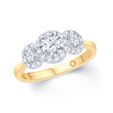 Load image into Gallery viewer, 18ct Yellow Gold Brilliant Round &amp; Halo Three Stone Diamond Ring 1.19ct