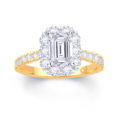 18ct Yellow Gold Emerald, Halo & Shoulder Set Diamond Ring 1.51ct