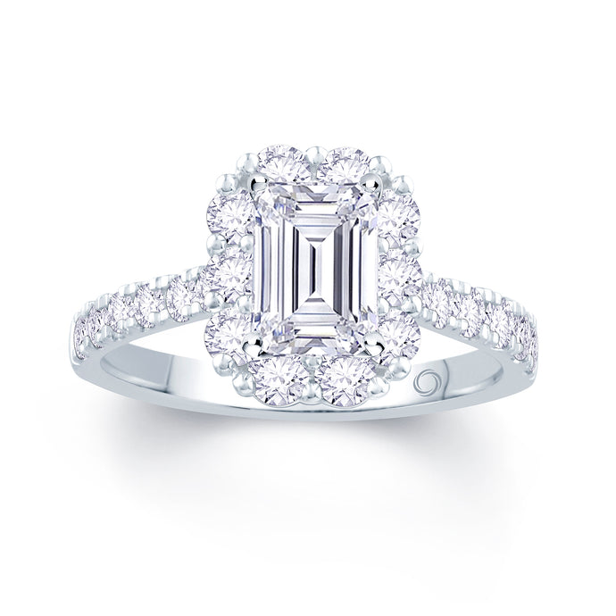 Platinum Emerald, Halo & Shoulder Set Diamond Ring 1.15ct