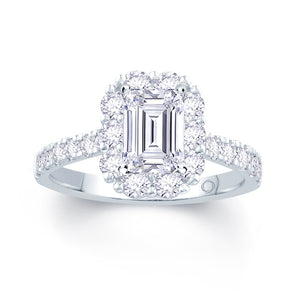 Platinum Emerald, Halo & Shoulder Set Diamond Ring 1.21ct