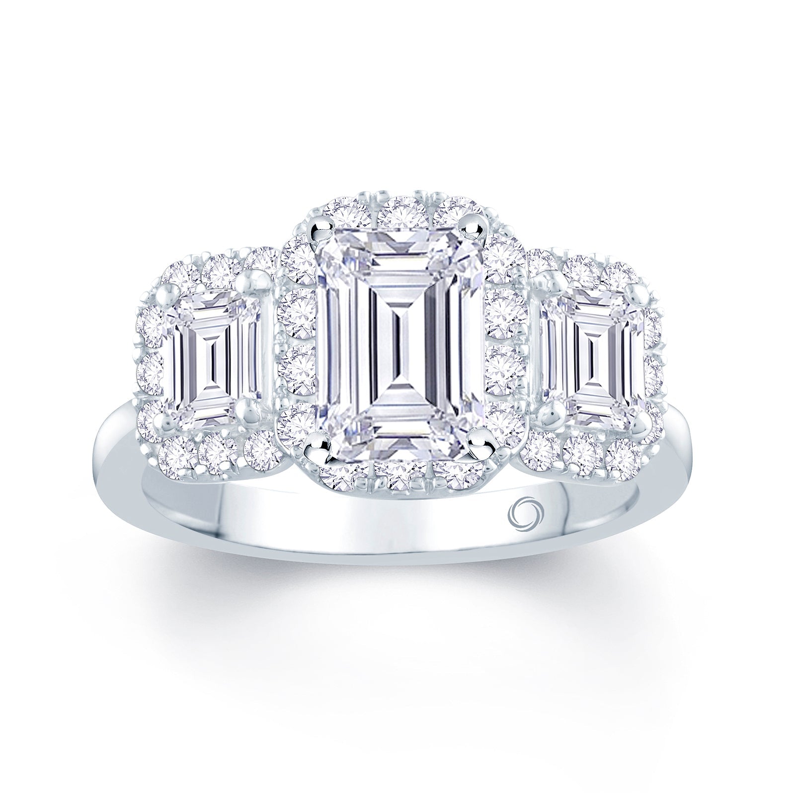 Platinum Emerald & Halo Three Stone Diamond Ring 0.85ct Media 3 of 4