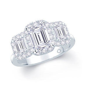 Platinum Emerald & Halo Three Stone Diamond Ring 0.85ct Media 4 of 4