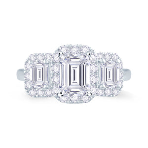 Platinum Emerald & Halo Three Stone Diamond Ring 0.89ct
