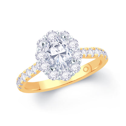 18ct Yellow Gold Oval & Halo, Shoulder Set Diamond Ring 1.55ct