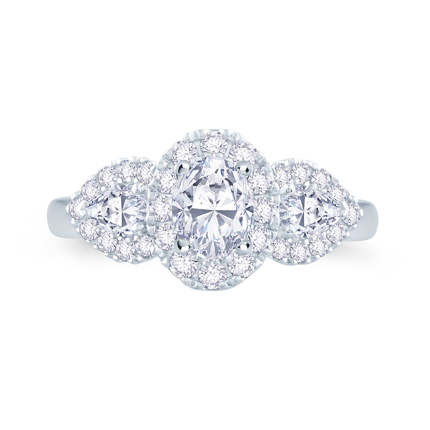 Platinum Oval & Pear & Halo Three Stone Diamond Ring 0.76ct