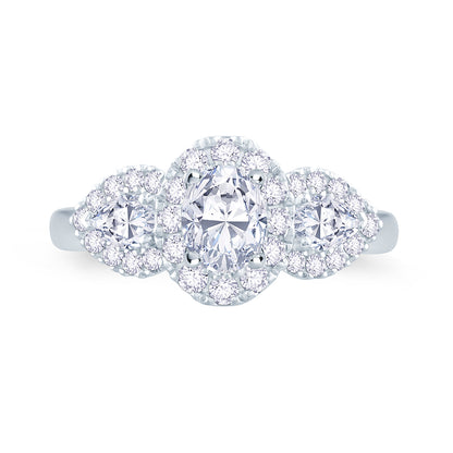 Platinum Oval & Pear & Halo Three Stone Diamond Ring 0.76ct