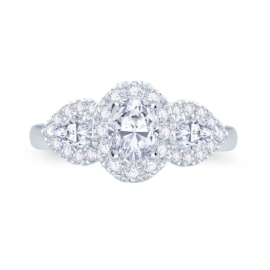 Platinum Oval & Pear & Halo Three Stone Diamond Ring 0.76ct