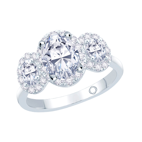 Platinum Oval & Halo Three Stone Diamond Ring, 1.58ct