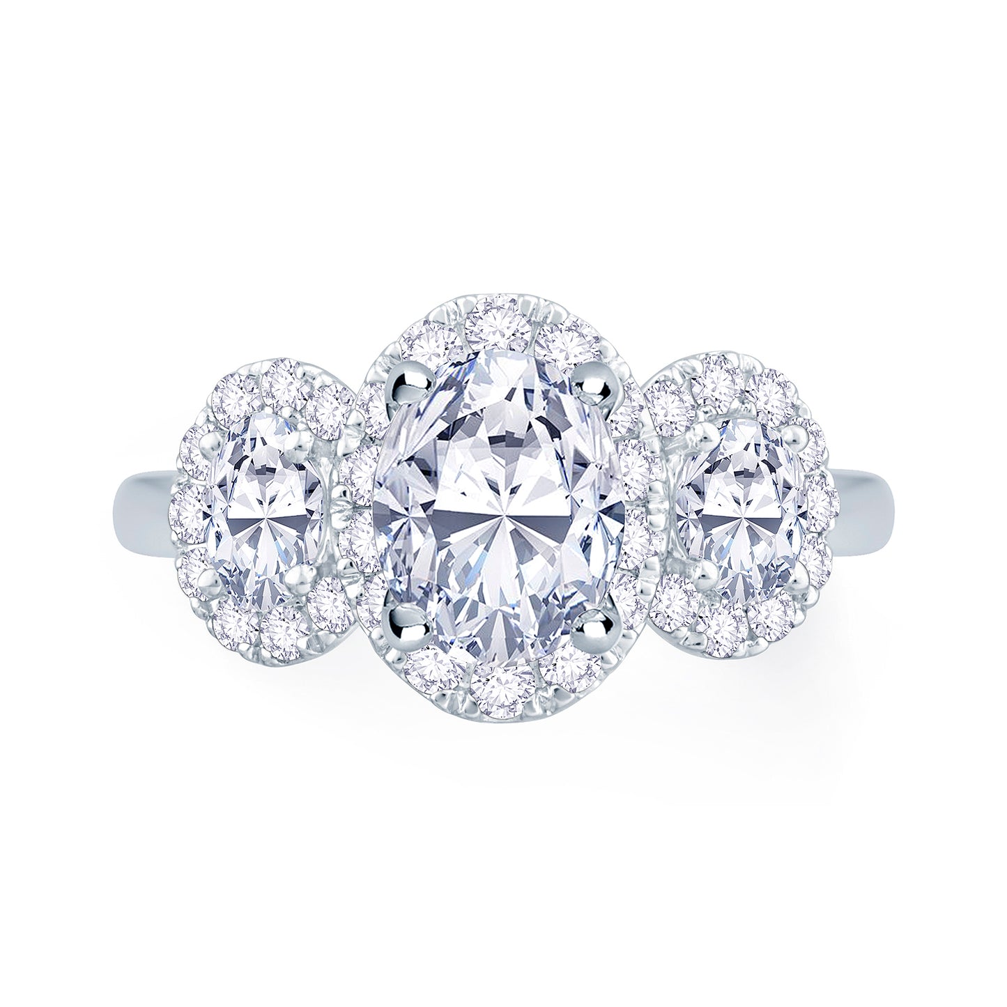 Platinum Oval & Halo Three Stone Diamond Ring, 0.86ct