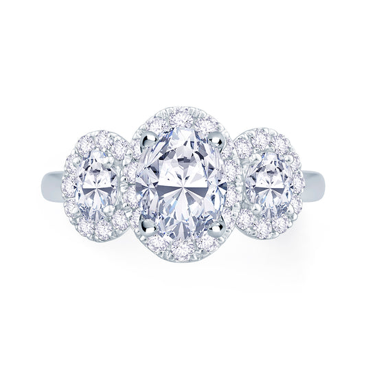 Platinum Oval & Halo Three Stone Diamond Ring, 0.86ct