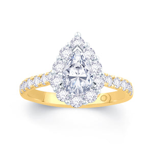 18ct Yellow Gold Pear & Halo, Shoulder Set Diamond Ring 1.30ct