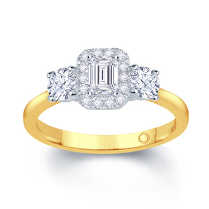 18ct Yellow Gold Emerald & Round Three Stone Diamond Ring, 1.00ct