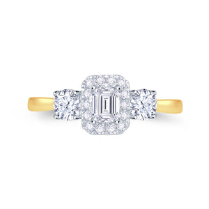 18ct Yellow Gold Emerald & Brilliant Round Three Stone Diamond Ring, 0.90ct
