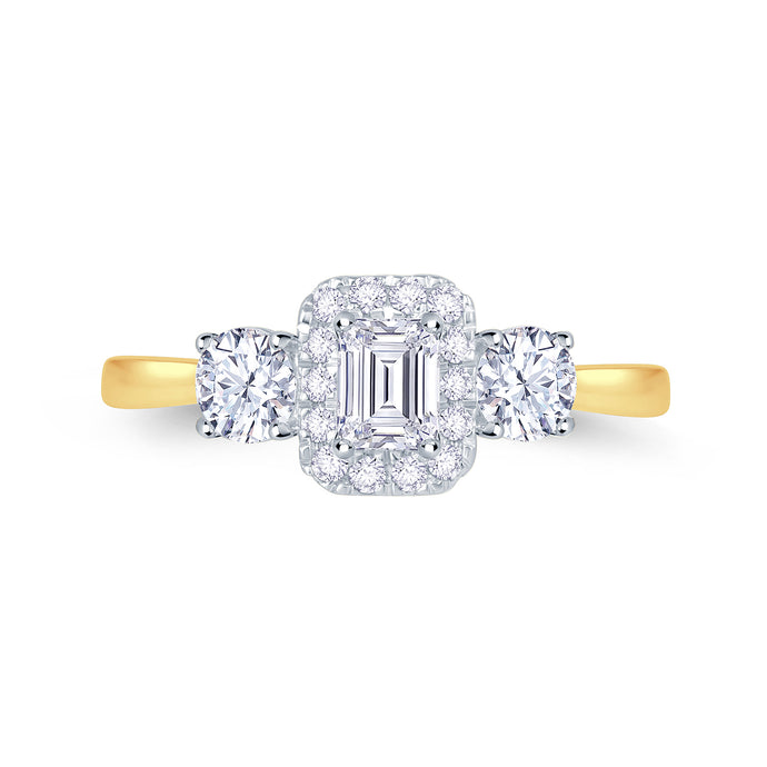 18ct Yellow Gold Emerald & Brilliant Round Three Stone Diamond Ring, 0.90ct