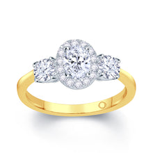 Load image into Gallery viewer, 18ct Yellow Gold Three Stone Oval Halo Round Sides 0.89ct
