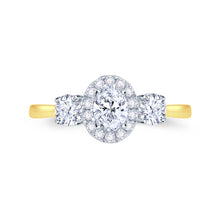 Load image into Gallery viewer, 18ct Yellow Gold Three Stone Oval Halo Round Sides 0.89ct