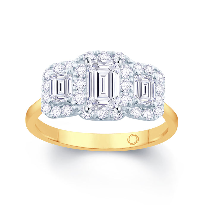 18ct Yellow Gold Emerald & Halo Three Stone Diamond Ring 1.23ct