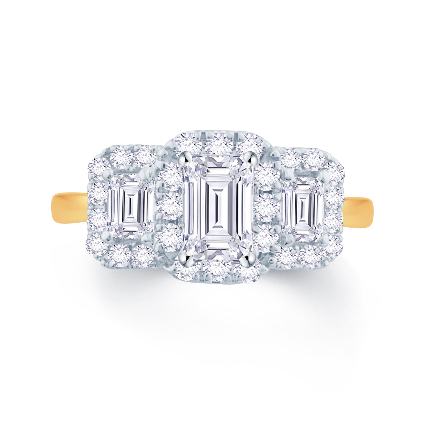 18ct Yellow Gold Emerald & Halo Three Stone Diamond Ring, 1.33ct