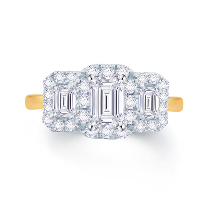 18ct Yellow Gold Emerald & Halo Three Stone Diamond Ring, 1.33ct