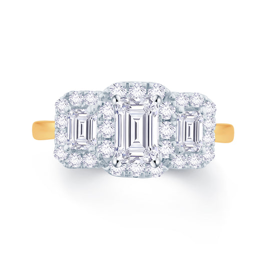 18ct Yellow Gold Emerald & Halo Three Stone Diamond Ring, 1.33ct