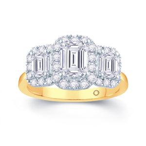 18ct Yellow Gold Emerald & Halo Three Stone Diamond Ring 1.87ct