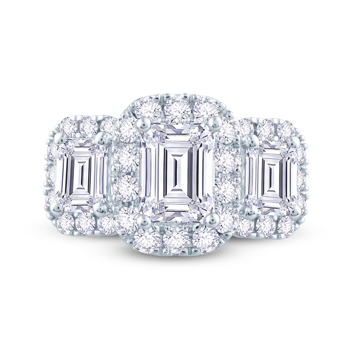 Platinum Emerald & Halo Three Stone Diamond Ring 1.77ct