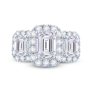 Platinum Emerald & Halo Three Stone Diamond Ring 1.85ct