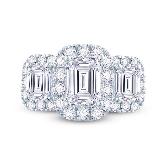 Platinum Emerald & Halo Three Stone Diamond Ring 1.85ct