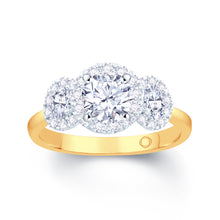 Load image into Gallery viewer, 18ct Yellow Gold Round &amp; Oval Three Stone Halo Diamond Ring 0.96ct