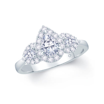 Platinum Pear & Halo Three Stone Diamond Ring 1.16ct