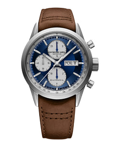 Raymond Weil 42mm Auto Blue Freelancer Chronographic Leather Watch