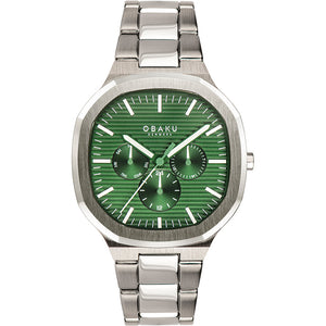 Obaku 42mm ILD - JUDE Silver & Royal Green Tone Chronograph Link Watch