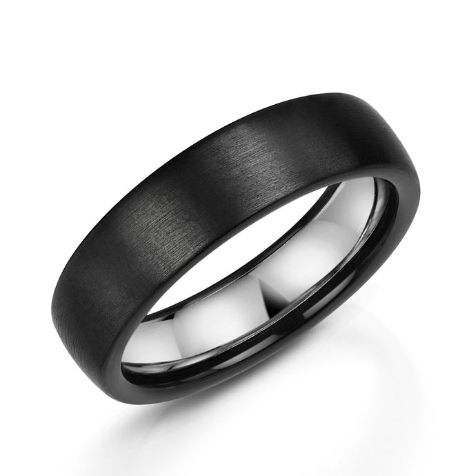 Zirconium & Silver Inlay 6mm Matte Rounded Flat Court Wedding Band