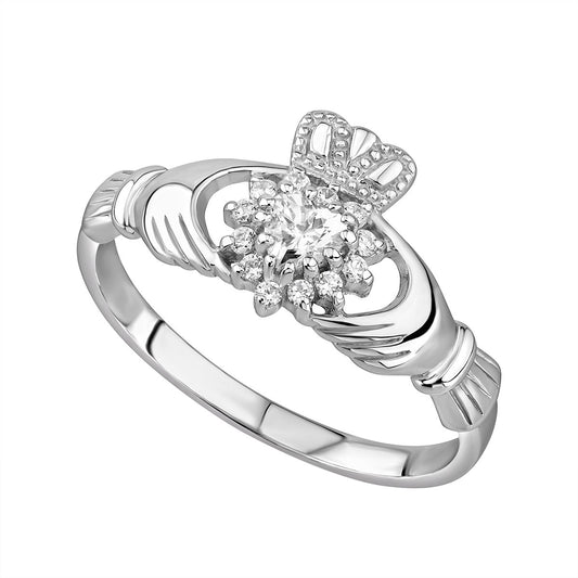 Sterling Silver Claddagh & CZ Cluster Ring