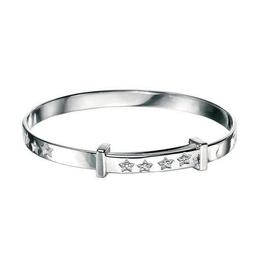 Sterling Silver Engraved Twinkle Star & Diamond Set Baby Bangle