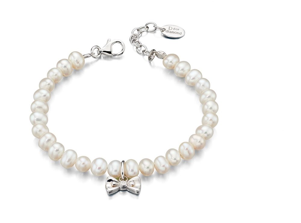 Sterling Silver Children's Pearl & Diamond Bow Pendant Bracelet