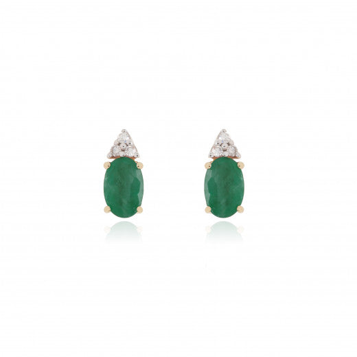 9ct Yellow Gold Oval Emerald & Round Brilliant Diamond Stud Earrings