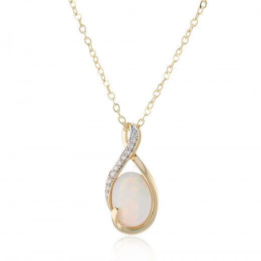 9ct Yellow Gold Oval Opal & Diamond Twist Pendant Necklace