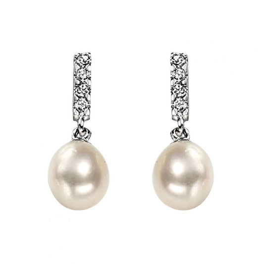 Sterling Silver Oval Freshwater Pearl & CZ Bail Drop Earrings