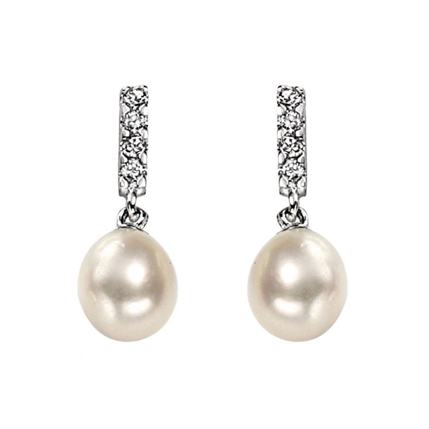 Sterling Silver Oval Freshwater Pearl & CZ Bail Drop Earrings