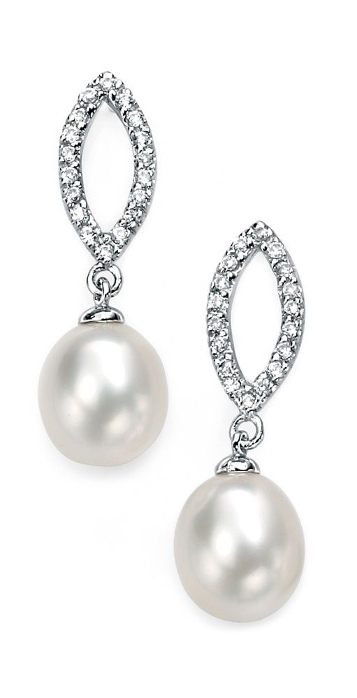 Sterling Silver Freshwater Pearl's & Fancy Marquise CZ Drop Earrings