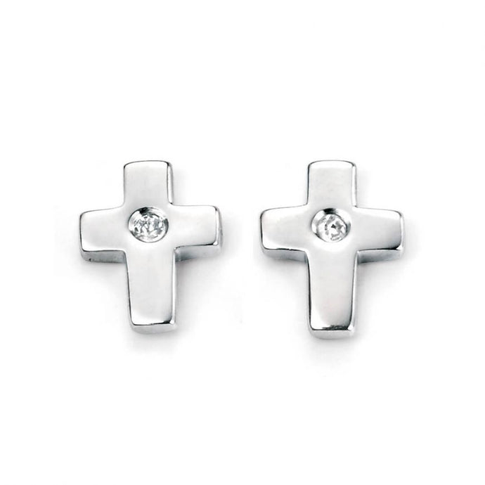 Sterling Silver Children's Cute Cross & Diamond Stud Earrings