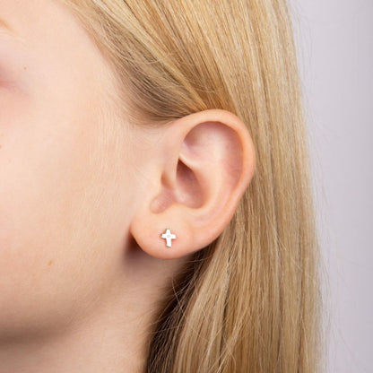 Sterling Silver Children's Cute Cross & Diamond Stud Earrings