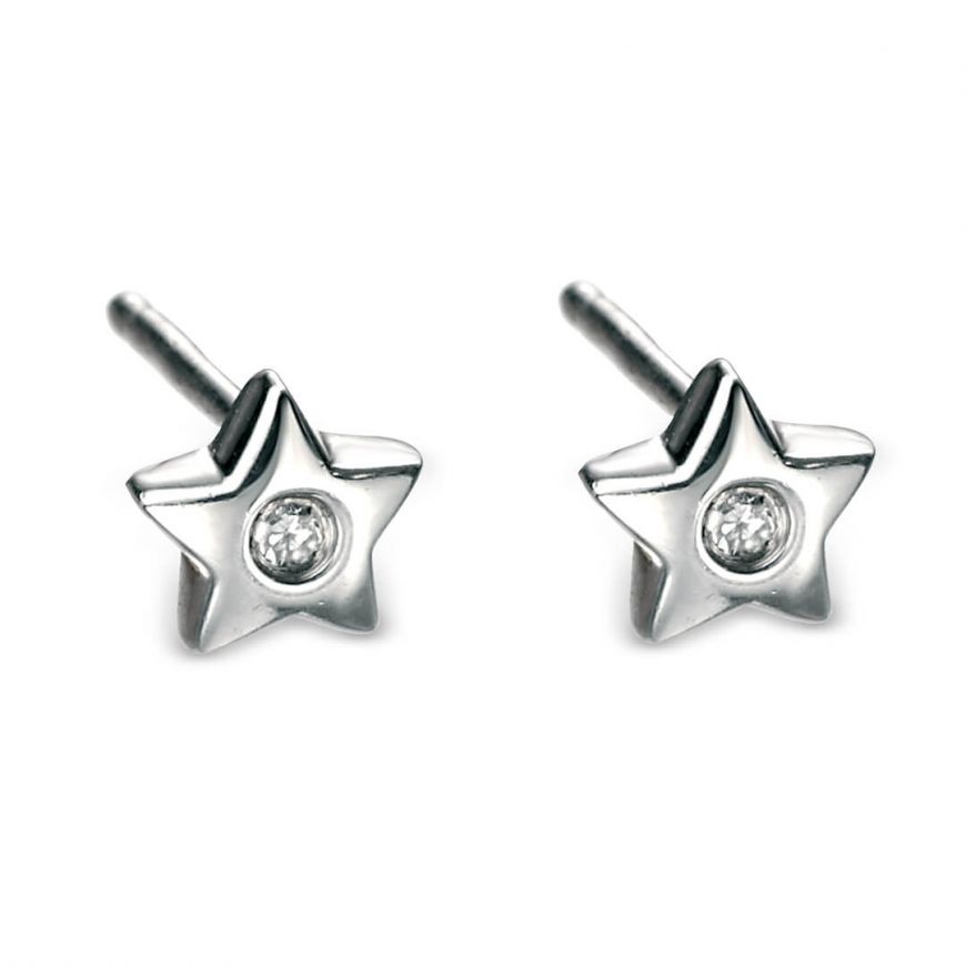 Sterling Silver Cute Star & Diamond Stud Earrings