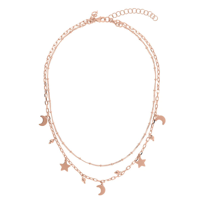 Bronzallure 18ct Rose Gold Plated Purezza Duo Chain, Moon & Star Pendants Necklace
