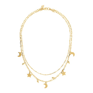 Bronzallure 18ct Yellow Gold Plated Purezza Duo Chain, Moon & Star Pendants Necklace