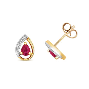 9ct Yellow Gold Pear Ruby & Diamond Halo Earrings