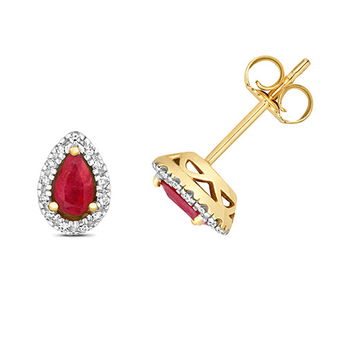 9ct Yellow Gold Pear Ruby Halo Stud Earrings