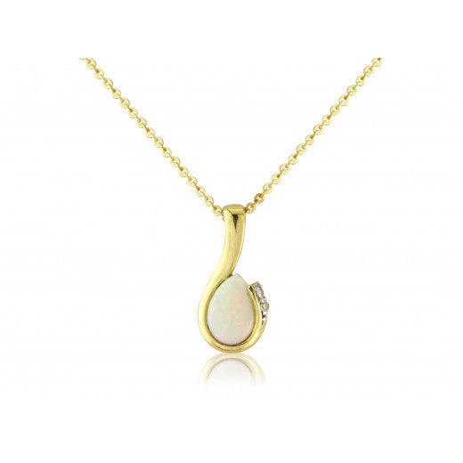 9ct Yellow Gold Opal & Diamond Curl Pendant Necklace
